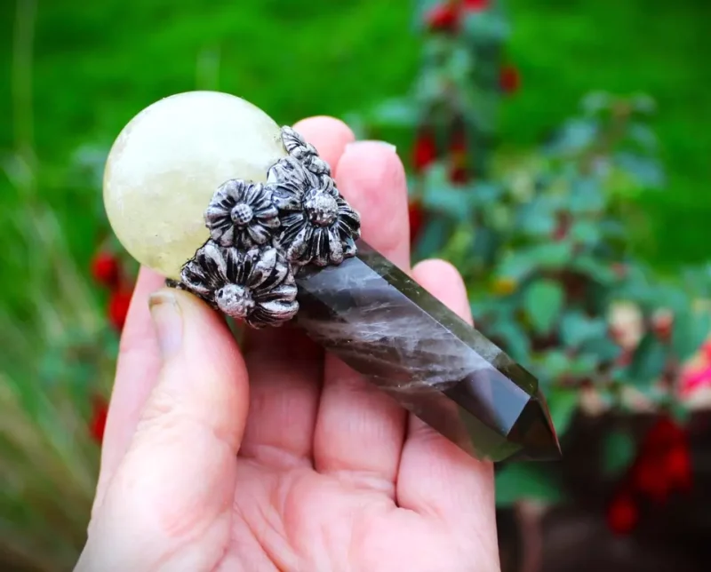 Citrine and Smokey Quartz crystal magic wand, Gemstone wand, wiccan pagan druid crystal wand.