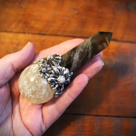 Citrine and Smokey Quartz crystal magic wand, Gemstone wand, wiccan pagan druid crystal wand.