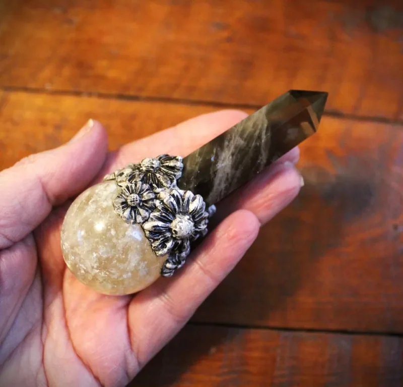 Citrine and Smokey Quartz crystal magic wand, Gemstone wand, wiccan pagan druid crystal wand.