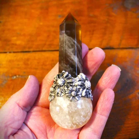Citrine and Smokey Quartz crystal magic wand, Gemstone wand, wiccan pagan druid crystal wand.