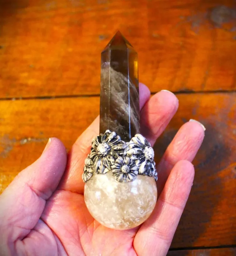 Citrine and Smokey Quartz crystal magic wand, Gemstone wand, wiccan pagan druid crystal wand.