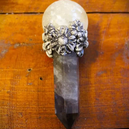 Citrine and Smokey Quartz crystal magic wand, Gemstone wand, wiccan pagan druid crystal wand.