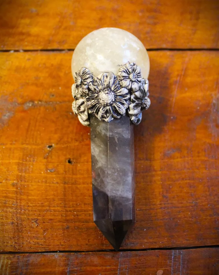 Citrine and Smokey Quartz crystal magic wand, Gemstone wand, wiccan pagan druid crystal wand.