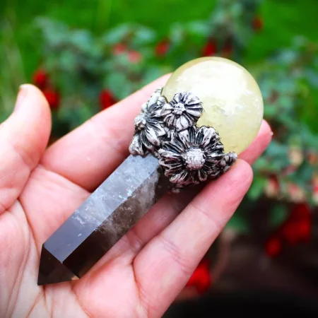 Citrine and Smokey Quartz crystal magic wand, Gemstone wand, wiccan pagan druid crystal wand.