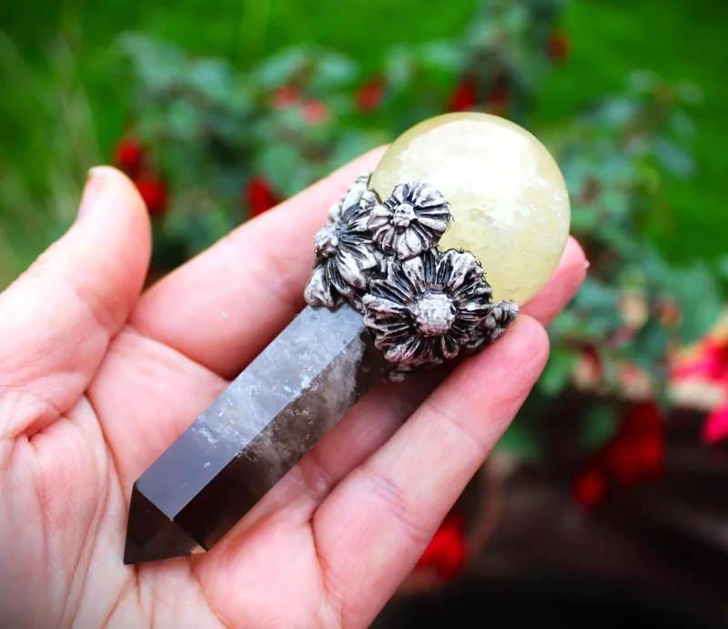 Citrine and Smokey Quartz crystal magic wand, Gemstone wand, wiccan pagan druid crystal wand.