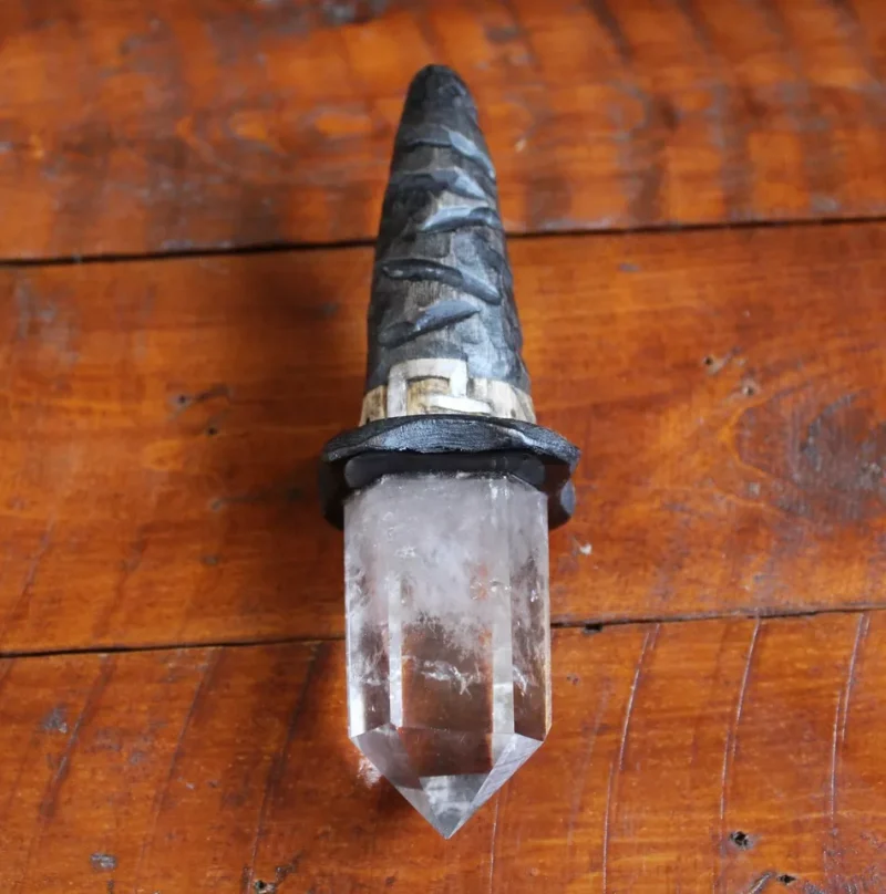 Quartz crystal witches hat magic wand, hand carved witches hat, bespoke wiccan wand.