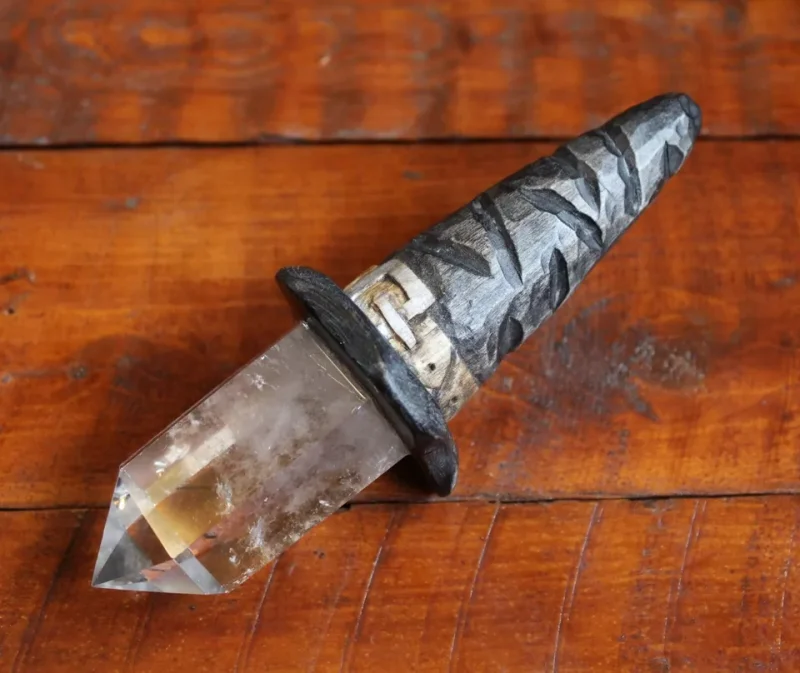 Quartz crystal witches hat magic wand, hand carved witches hat, bespoke wiccan wand.