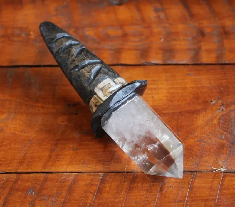 Quartz crystal witches hat magic wand, hand carved witches hat, bespoke wiccan wand.