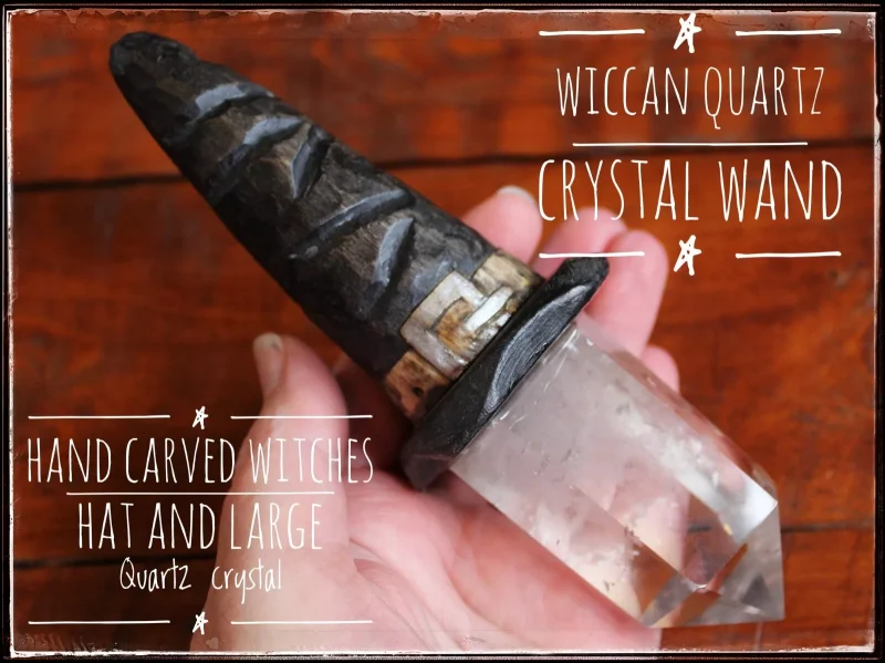 Quartz crystal witches hat magic wand, hand carved witches hat, bespoke wiccan wand.
