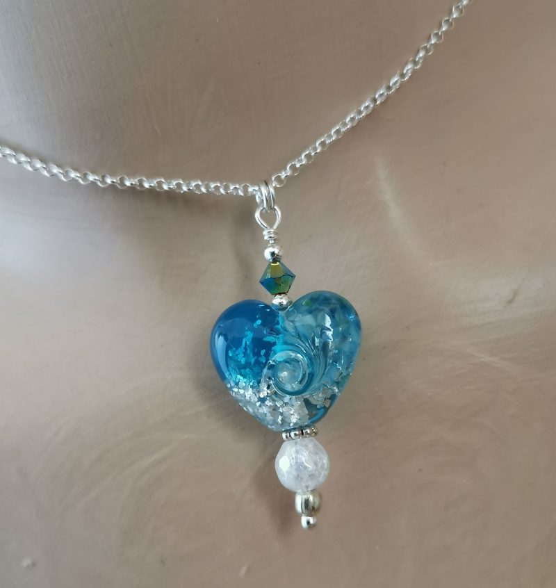 Turquoise Heart Pendant | Lampwork Glass | White Silver Swirls | Sterling Silver Chain