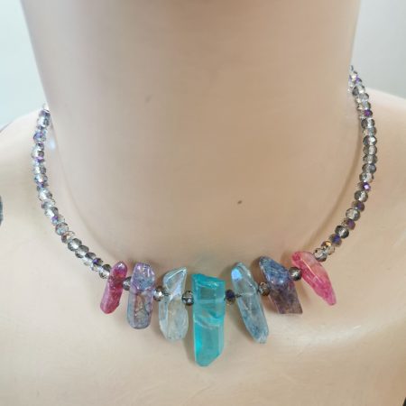 Crystal Points Choker Necklace | Pink Purple and Turquoise | Titanium Coated