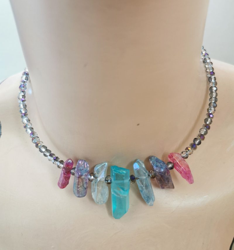 Crystal Points Choker Necklace | Pink Purple and Turquoise | Titanium Coated