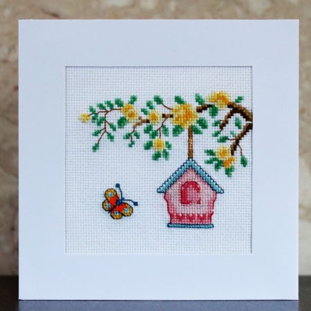 A Handmade Cross Stitch Greetings card framed in a White Aperture card left black inside for you to add your own personal message for any loved one