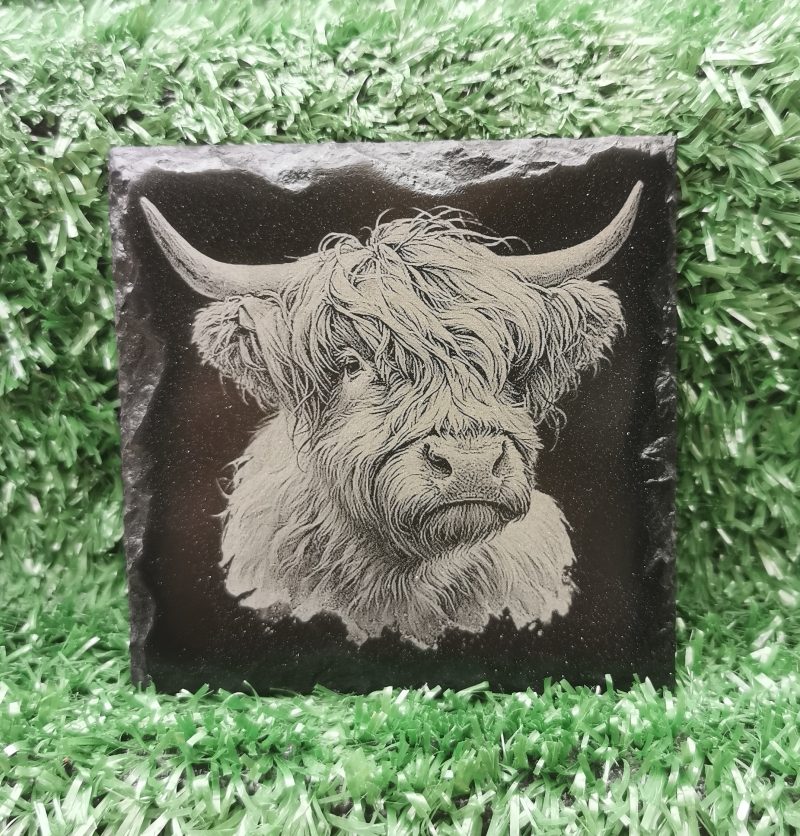 Highland Cow Slate Coasters Set of 4, Cows, Square 100mm