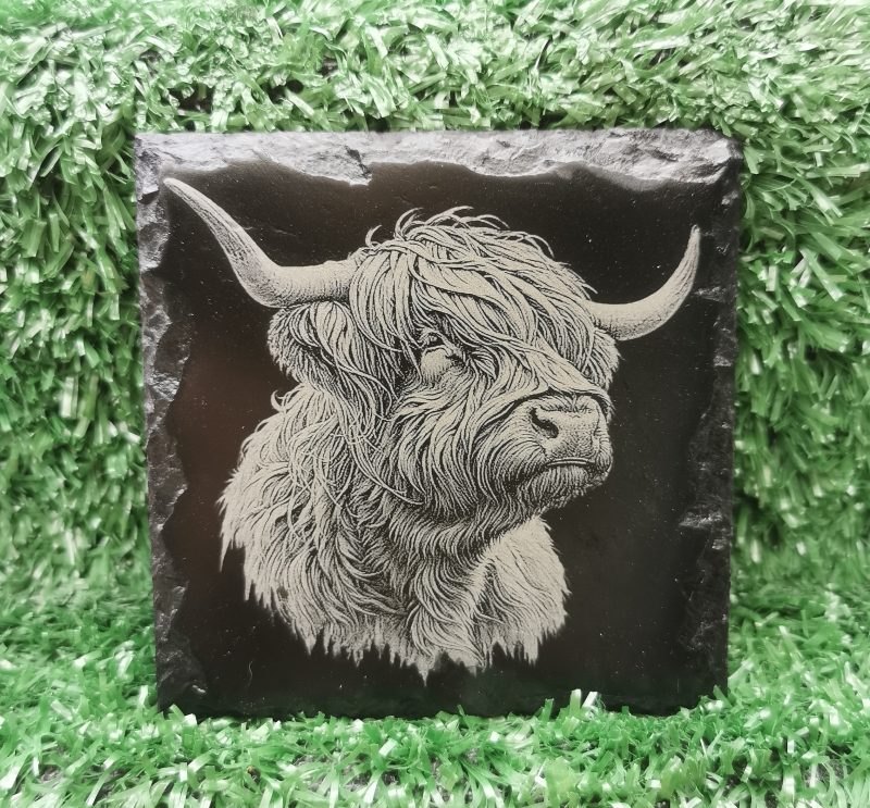Highland Cow Slate Coasters Set of 4, Cows, Square 100mm