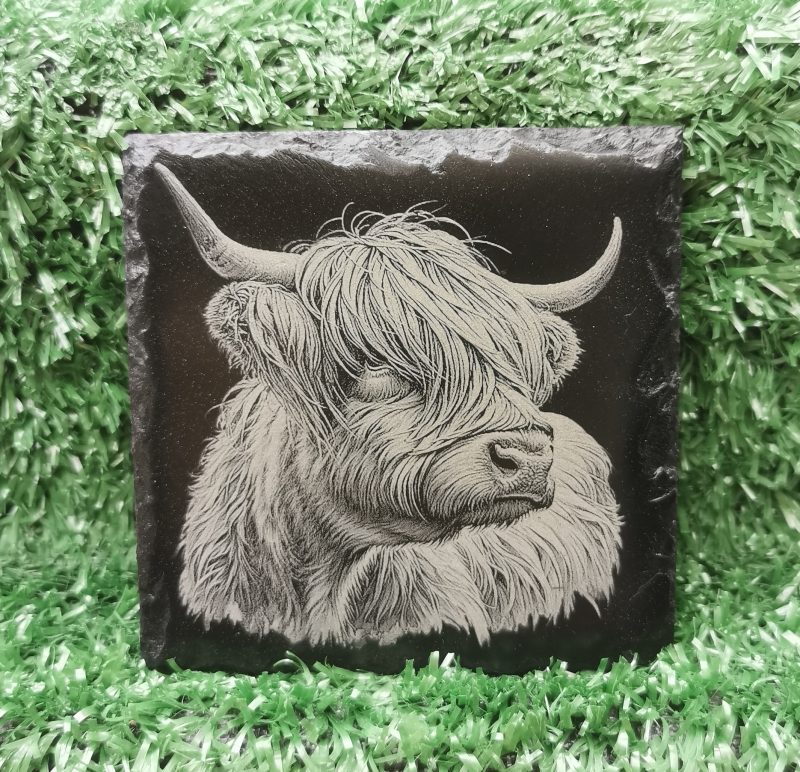 Highland Cow Slate Coasters Set of 4, Cows, Square 100mm