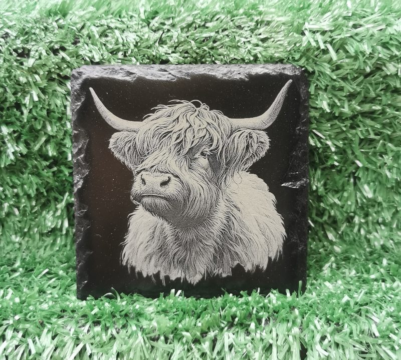 Highland Cow Slate Coasters Set of 4, Cows, Square 100mm