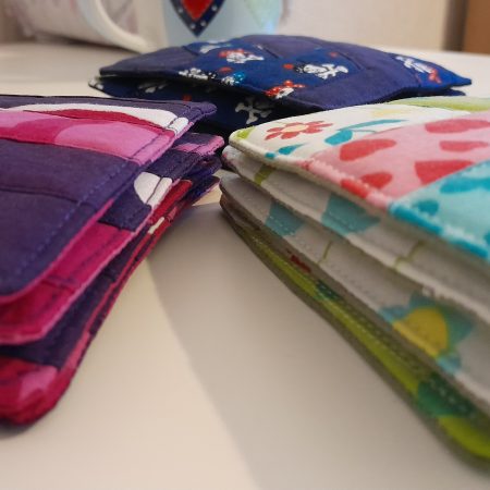 Patchwork coasters. Set of 4, revisable and upcycled, home accessories gift or tableware.