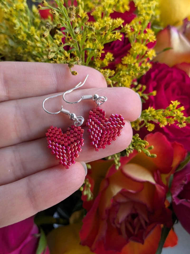 Handwoven Beaded Heart Shaped Dangle Earrings - Red