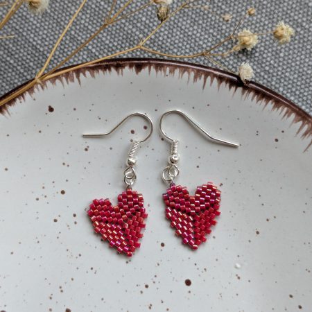 Handwoven Beaded Heart Shaped Dangle Earrings - Red