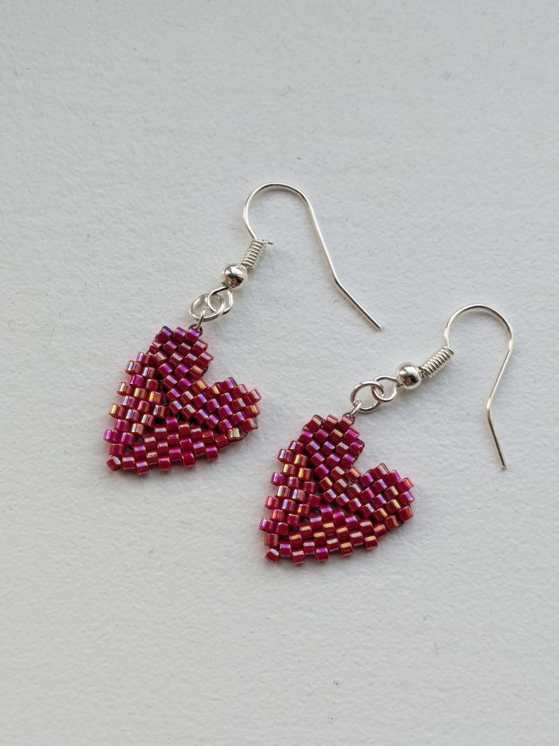 Handwoven Beaded Heart Shaped Dangle Earrings - Red