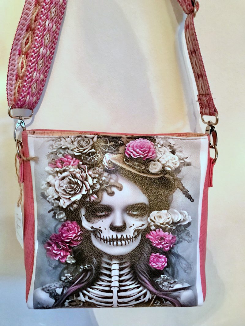 Gothic Crossbody Tote Bag Pink Faux Leather Skeleton Tattoo Steampunk Design, Handcrafted