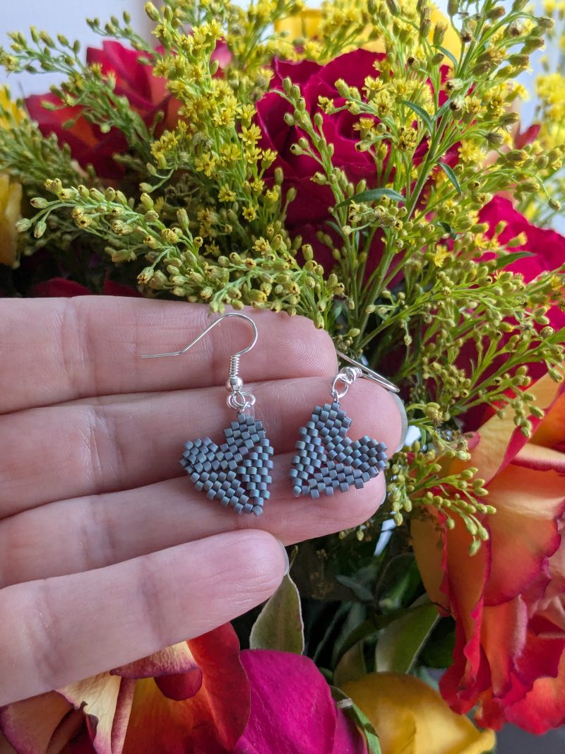 Handwoven Beaded Heart Shaped Dangle Earrings - Blue Grey