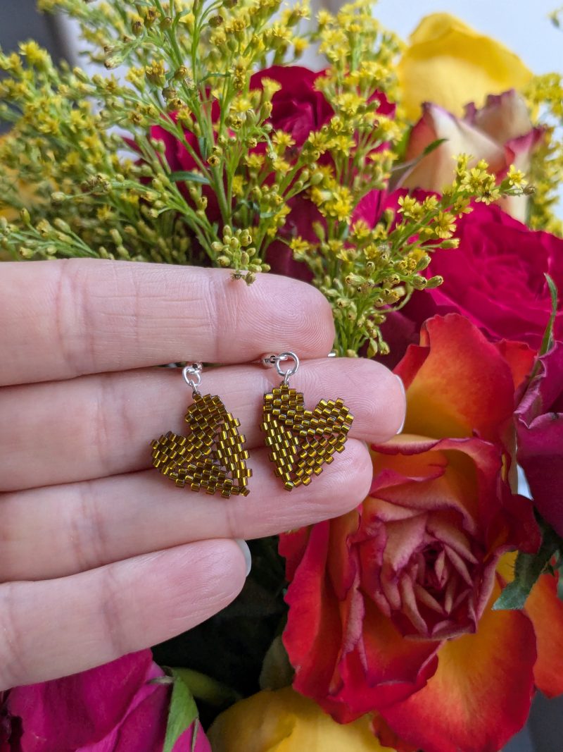 Handwoven Beaded Heart Shaped Dangle Earrings - Bronze