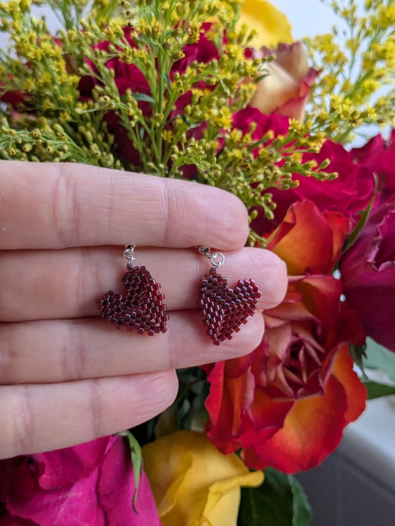 Handwoven Beaded Heart Shaped Dangle Earrings - Burgundy