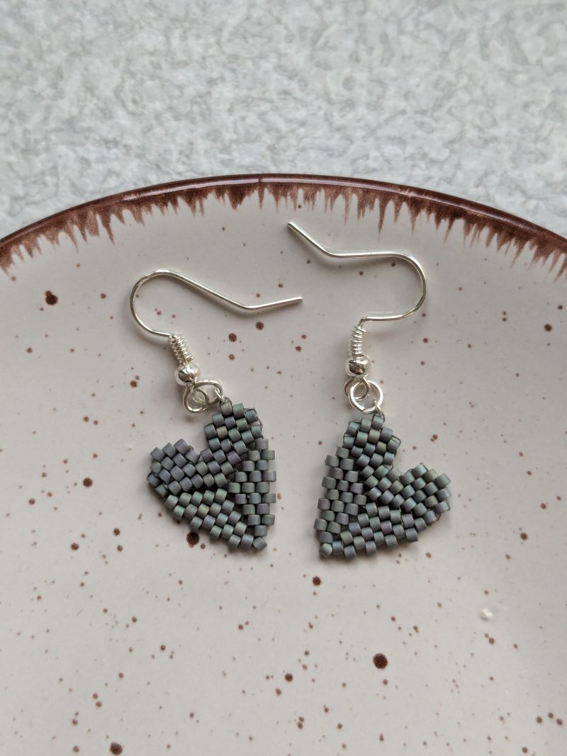 Handwoven Beaded Heart Shaped Dangle Earrings - Blue Grey