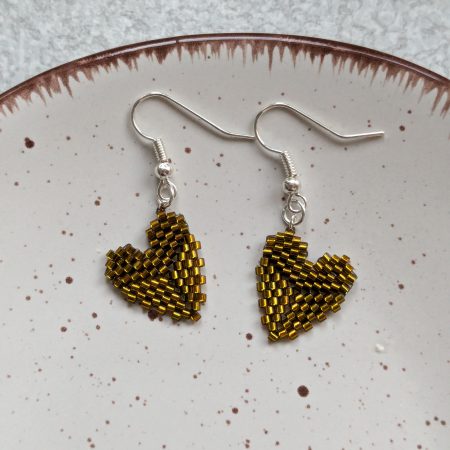 Handwoven Beaded Heart Shaped Dangle Earrings - Bronze