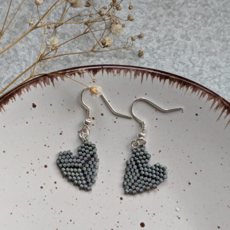 Handwoven Beaded Heart Shaped Dangle Earrings - Blue Grey