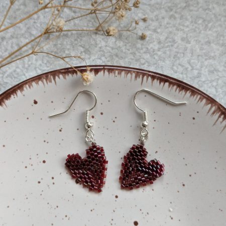 Handwoven Beaded Heart Shaped Dangle Earrings - Burgundy