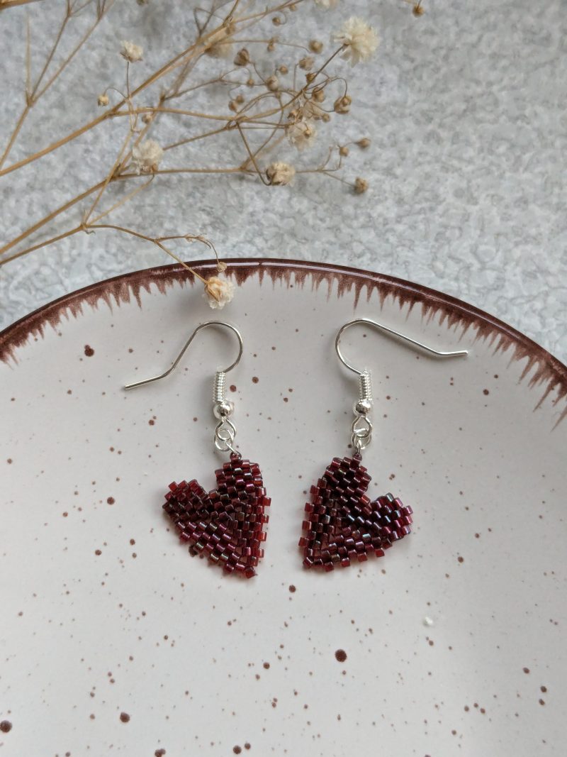 Handwoven Beaded Heart Shaped Dangle Earrings - Burgundy
