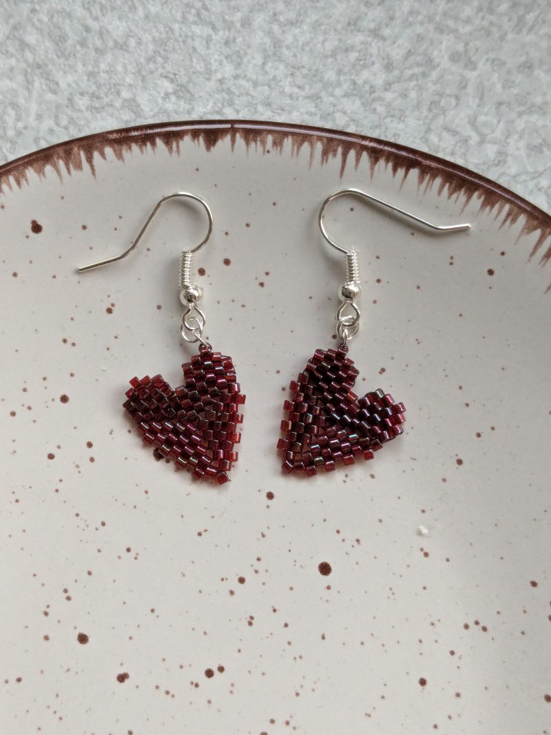 Handwoven Beaded Heart Shaped Dangle Earrings - Burgundy