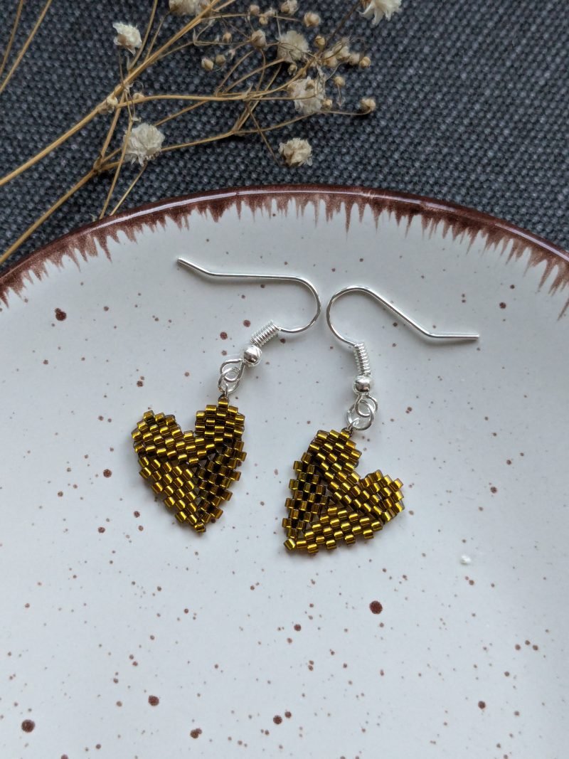 Handwoven Beaded Heart Shaped Dangle Earrings - Bronze