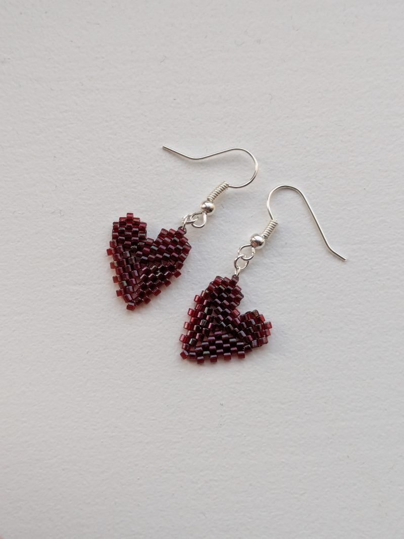 Handwoven Beaded Heart Shaped Dangle Earrings - Burgundy