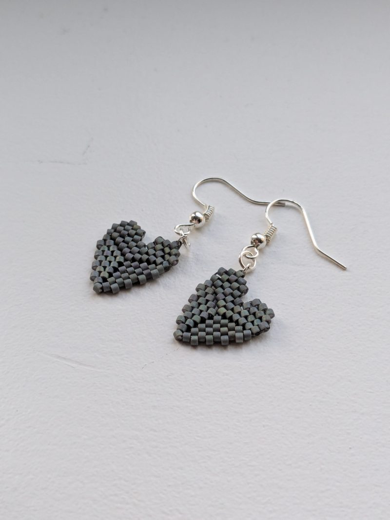 Handwoven Beaded Heart Shaped Dangle Earrings - Blue Grey