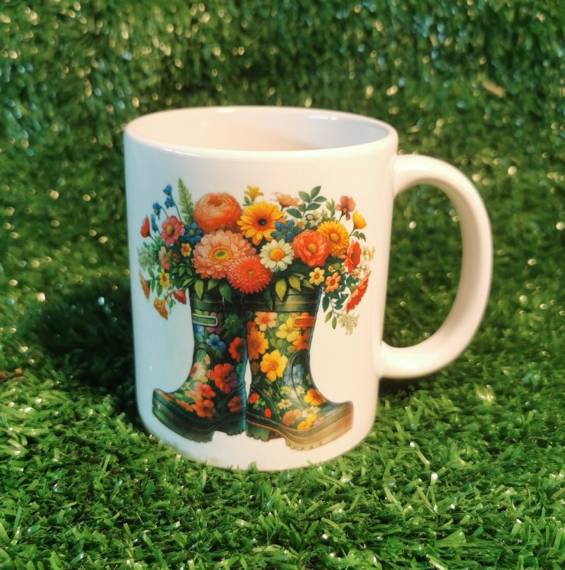 Flowers in Boots 11oz Ceramic Mug, Floral, Design on both sides