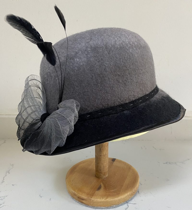 Beautiful hand made wool felt cloche style hat with black to grey ombre
