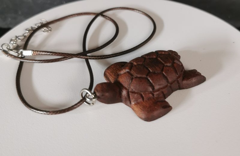 Hand Carved Sapele Mahogany Wooden Turtle Necklace