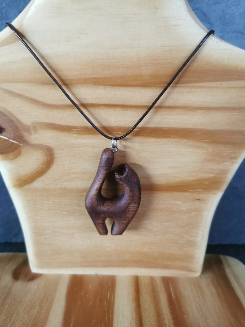 Hand Carved Wooden Cat Necklace from Sapele Mahogany