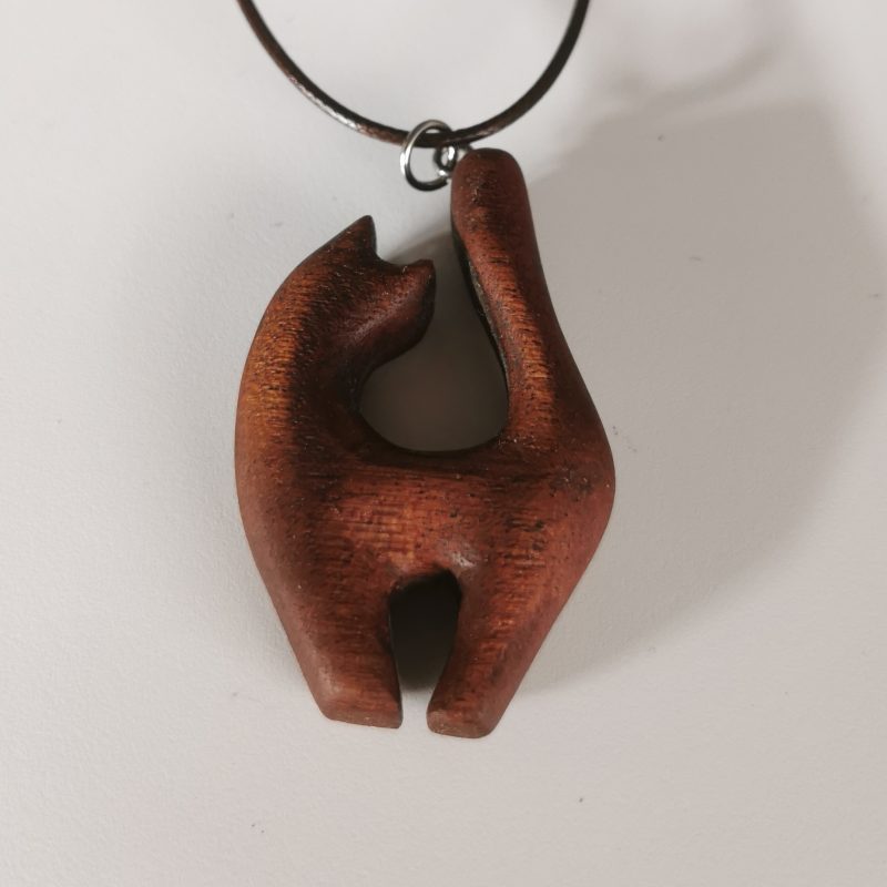 Hand Carved Wooden Cat Necklace from Sapele Mahogany