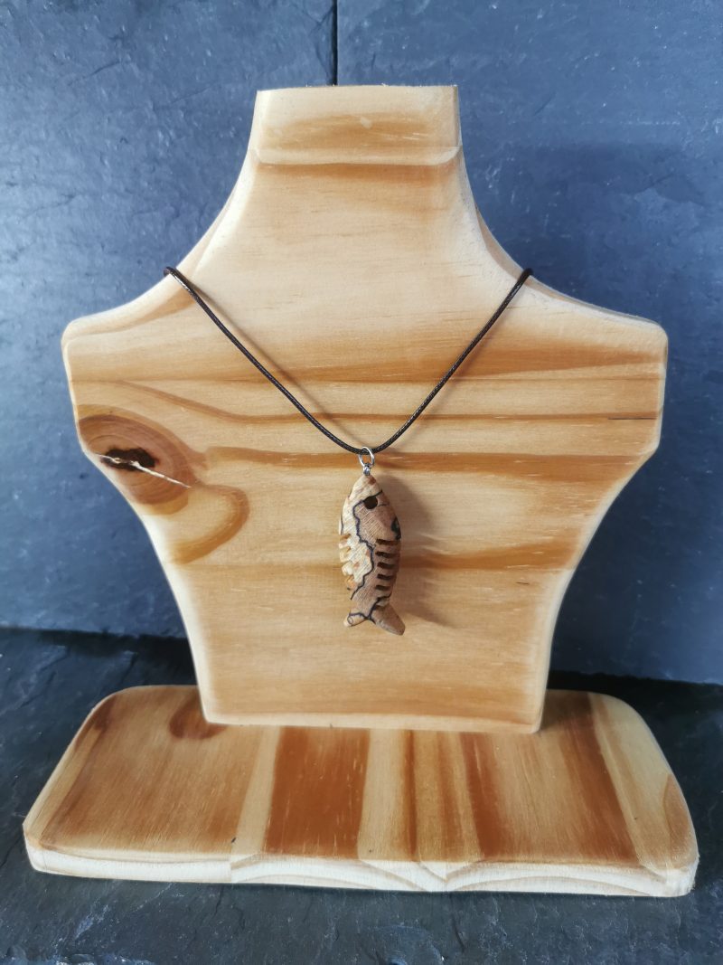 Hand Carved Spalted Beech Wooden Fish Necklace
