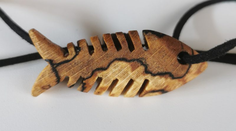 Hand Carved Spalted Beech Wooden Fish Necklace