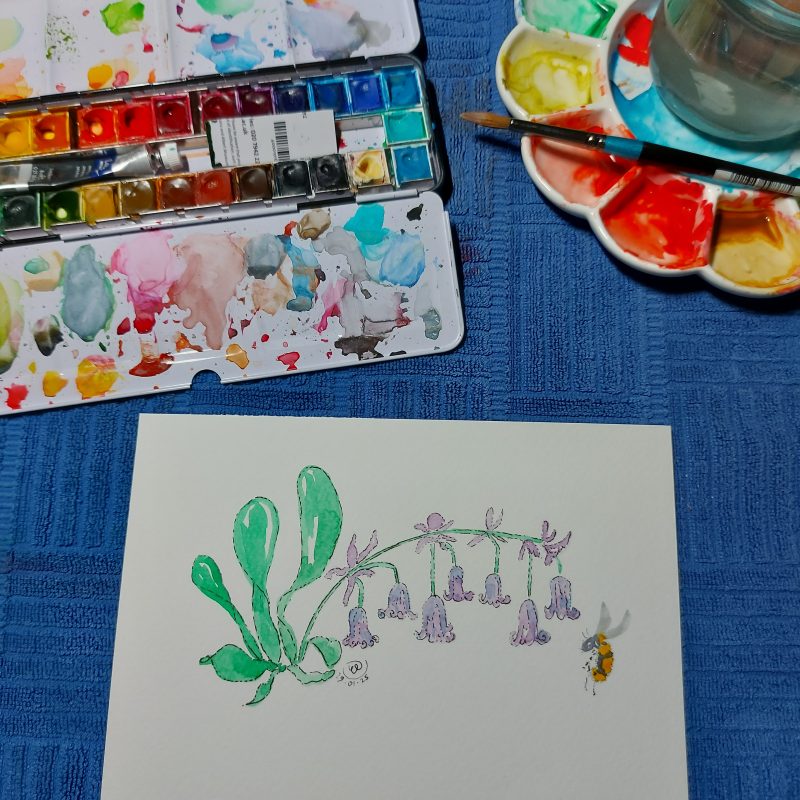 Bluebell and bee, mountable painting, 6x8.5 in
