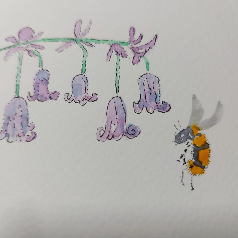 Bluebell and bee, mountable painting, 6x8.5 in