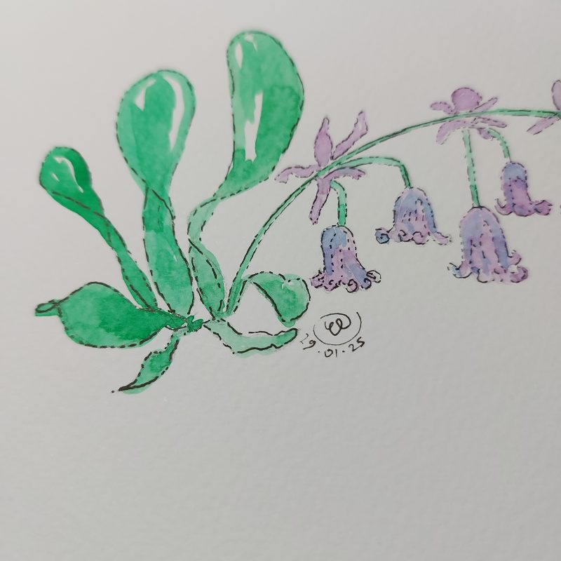 Bluebell and bee, mountable painting, 6x8.5 in