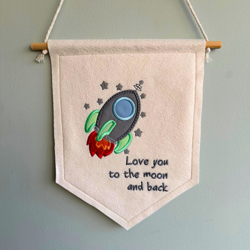 Love you to the moon and back wall hanging flag, space decor, rocket banner, nursery/bedroom decor