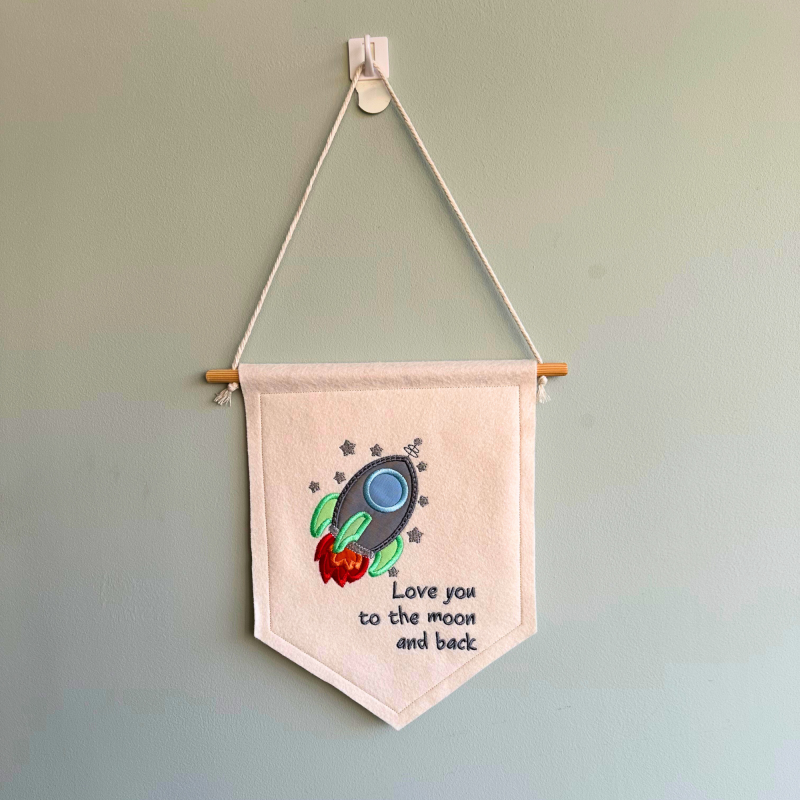 Love you to the moon and back wall hanging flag, space decor, rocket banner, nursery/bedroom decor